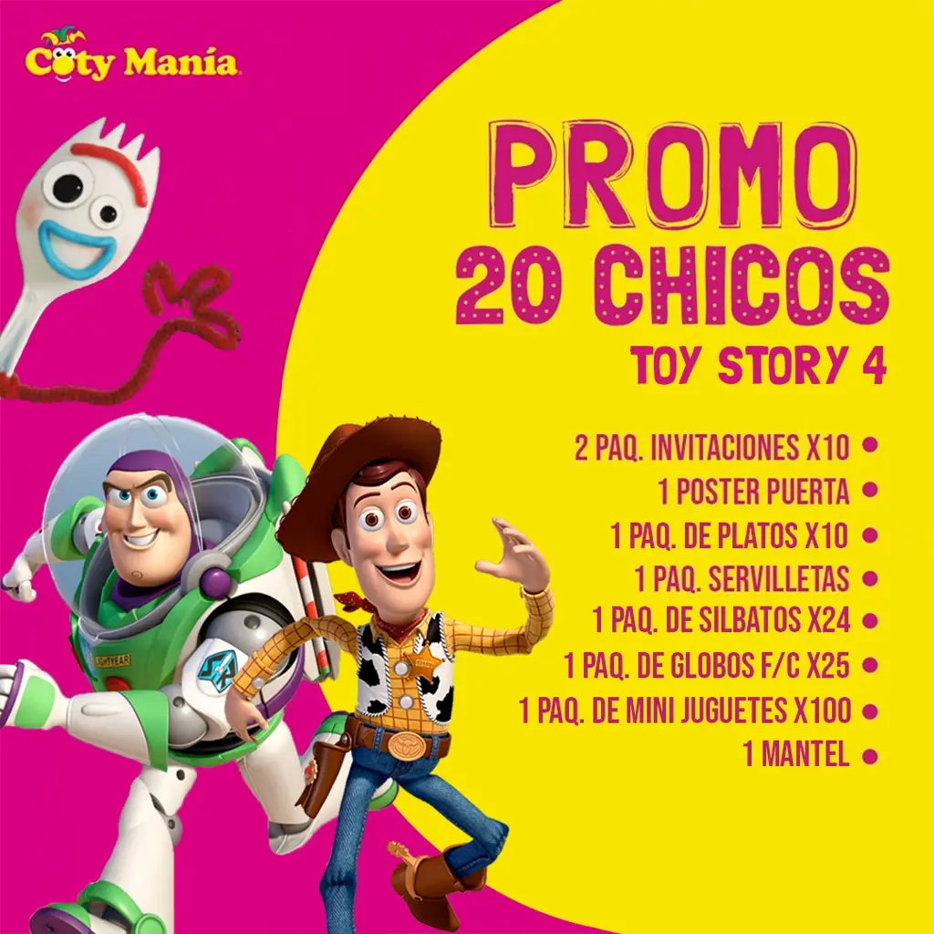 Coty Manía  Combo Cumpleaños Para 20 Chicos - Toy Story