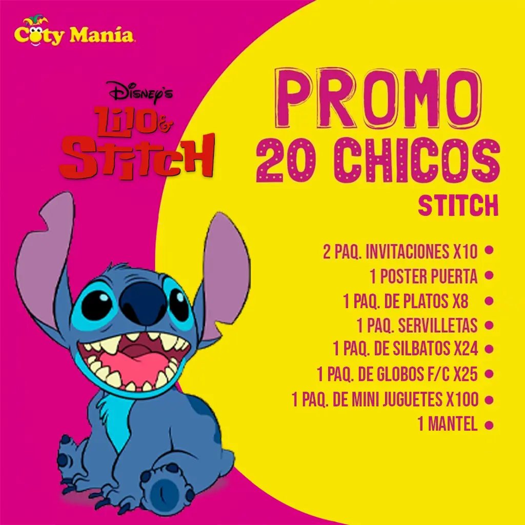 Coty Manía  Combo Cumpleaños Para 20 Chicos - Stitch