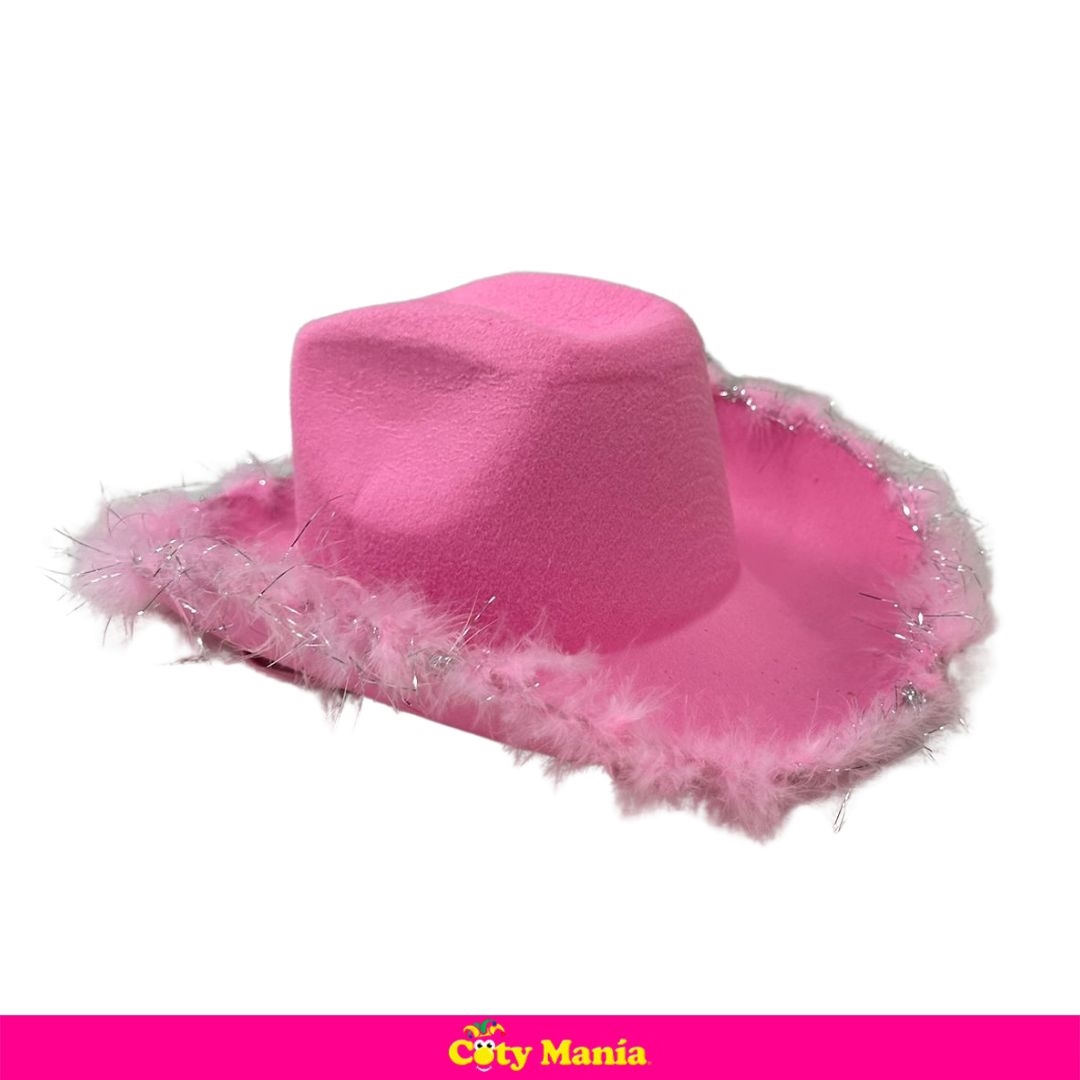 Gorro Cowboy Rosa Con Plumas