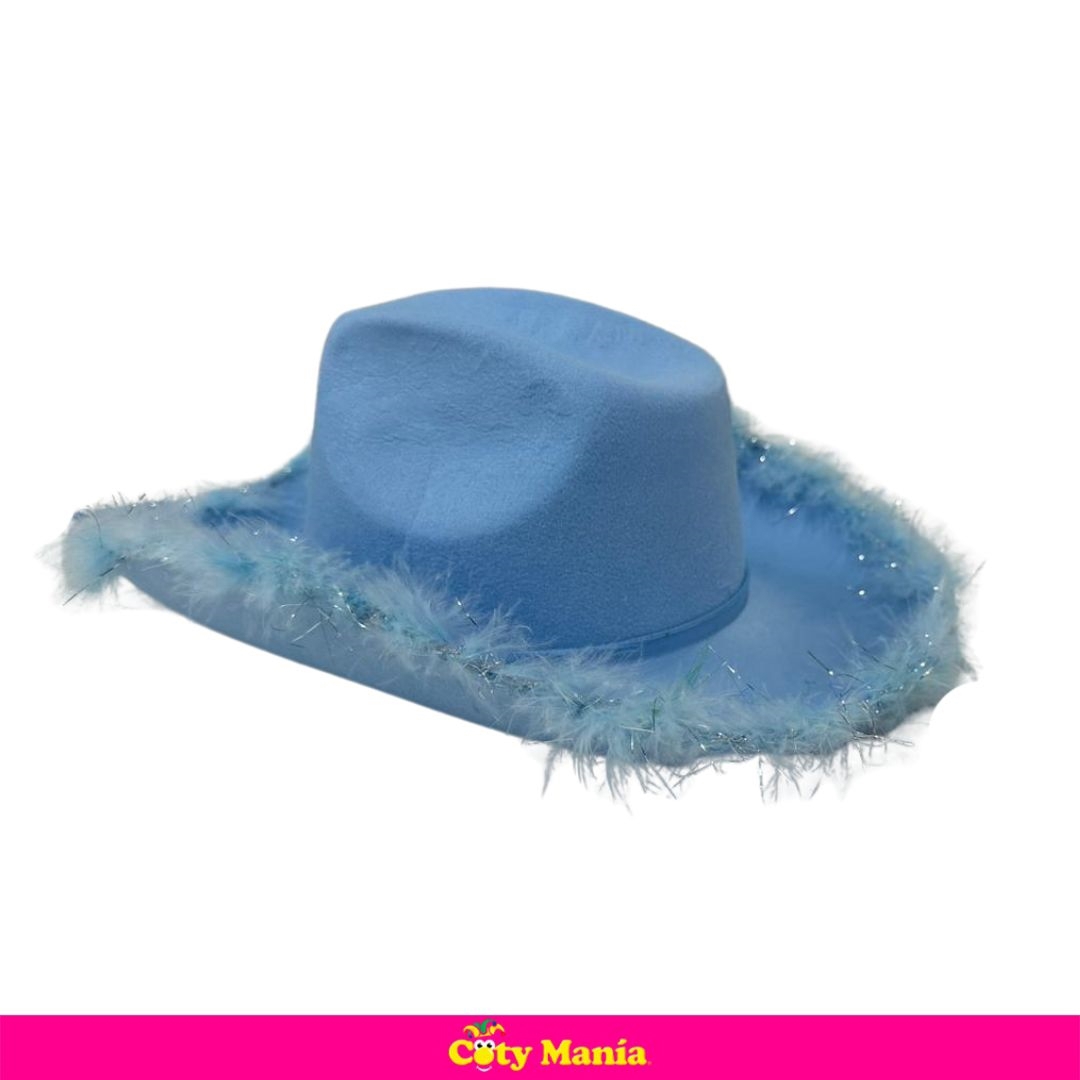 Gorro Cowboy Celeste Con Plumas