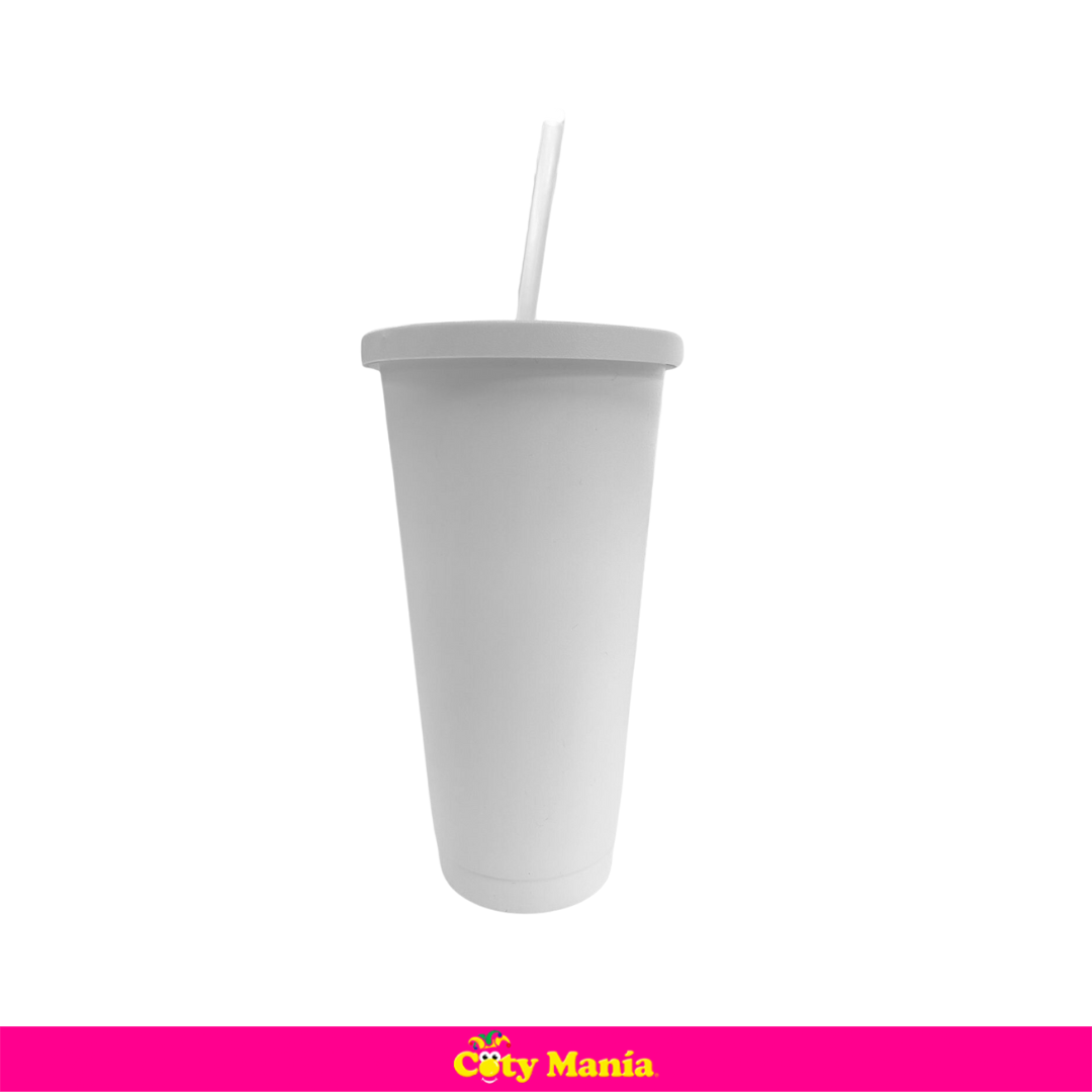 Vaso 750 cc Con Tapa Y Sorbete Blanco Mate