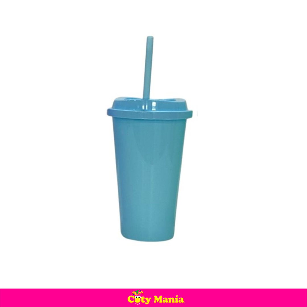 Vaso C/ Tapa Y Sorbete Celeste Pastel x 1