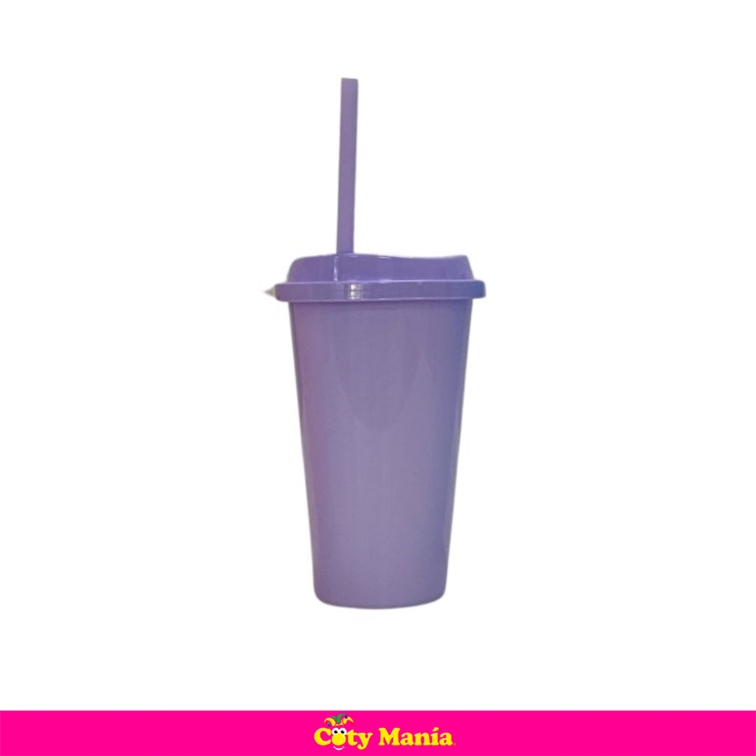 Vaso C/ Tapa Y Sorbete Lila Pastel x 1