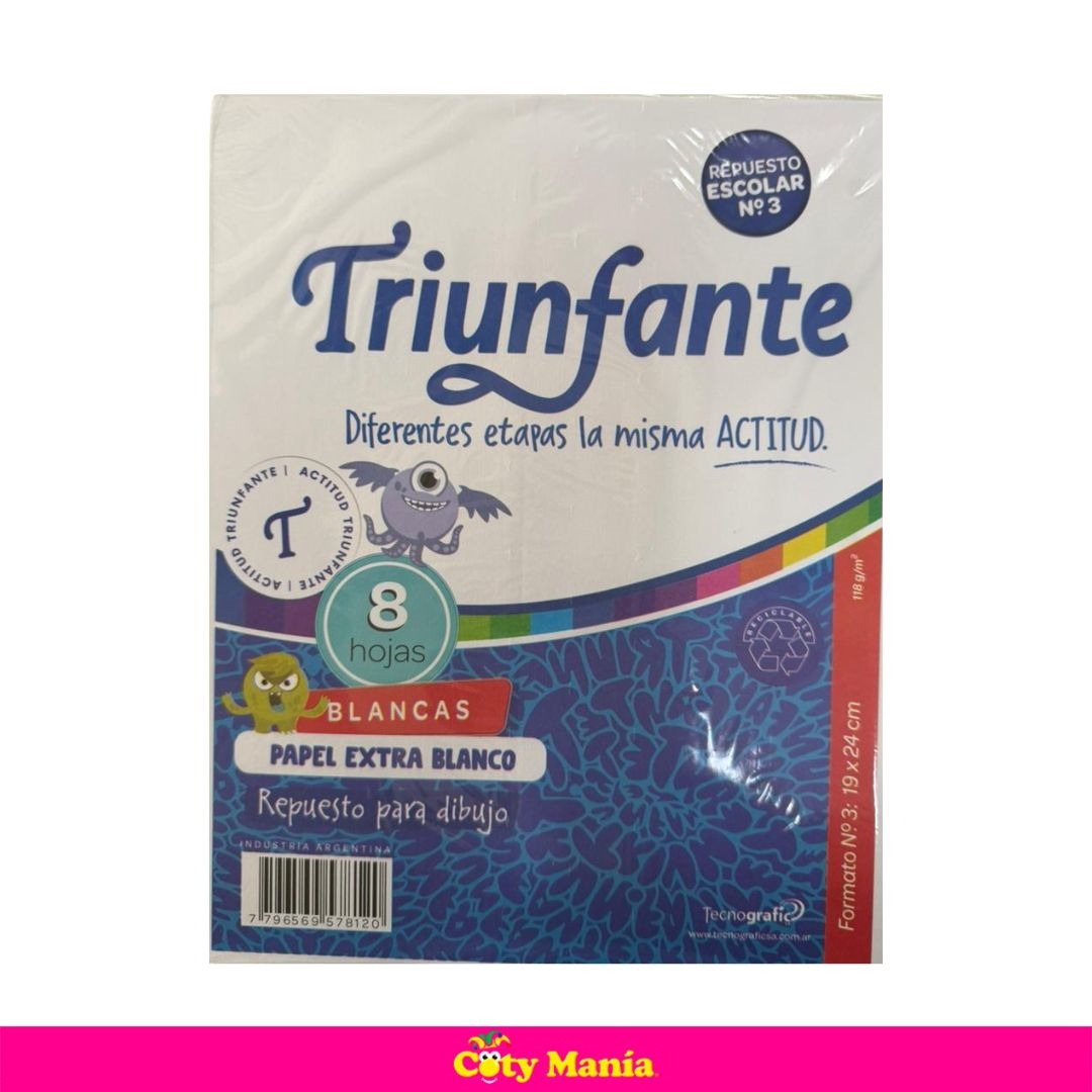 Repuesto De Dibujo Liso Blanco N3 Triunfante x 8 Hojas